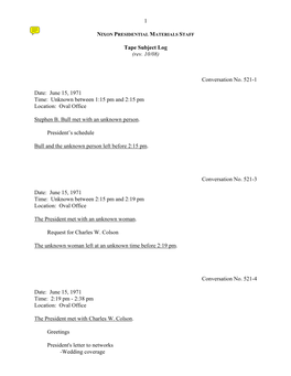 Oval #521: June 15, 1971 [Complete Tape Subject Log]