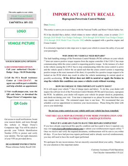 IMPORTANT SAFETY RECALL VIN XXXXXXXXXXXXXXXXX Reprogram Powertrain Control Module U60/NHTSA 18V-332 Dear [Name]