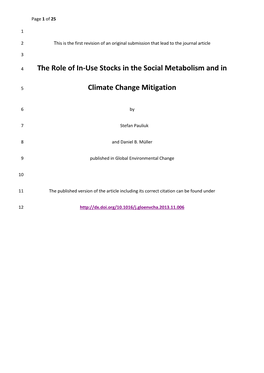 The Role of In-Use Stocks in the Social Metabolism and in Climate Change Mitigation 18 19 20 21 Word Count: 8167 (Without References)