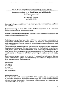 Lycaenid Foodplants in Kazakhstan and Middle Asia (Lepidoptera, Lycaenidae) by a Le X a N D R B