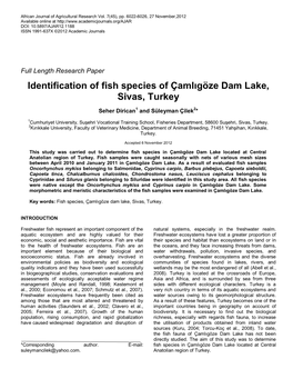 Identification of Fish Species of Çamlıgöze Dam Lake, Sivas, Turkey