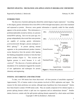 Protein Splicing: Mechanism and Applications in Bioorganic Chemistry