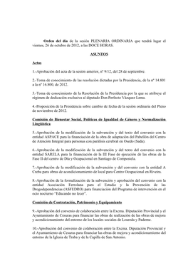 Orden Del Día De La Sesión PLENARIA ORDINARIA Que Tendrá Lugar El Viernes, 26 De Octubre De 2012, a Las DOCE HORAS