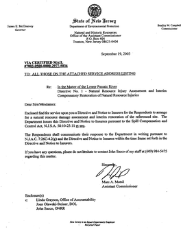 NJ Passaic River Directive (No.1) -- 19 September 2003