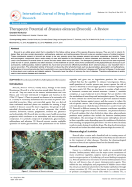 Therapeutic Potential of Brassica Oleracea (Broccoli) - a Review Chandini Ravikumar Saveetha Dental College and Hospital, Chennai, India