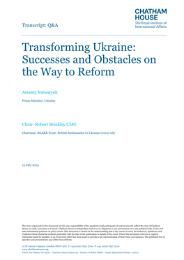 Transforming Ukraine: Successes and Obstacles on the Way to Reform