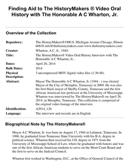 Finding Aid to the Historymakers ® Video Oral History with the Honorable a C Wharton, Jr