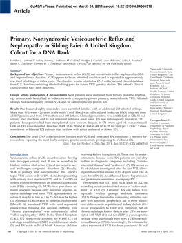 Primary, Nonsyndromic Vesicoureteric Reflux and Nephropathy in Sibling Pairs: a United Kingdom Cohort for a DNA Bank