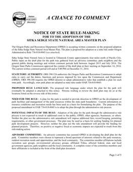 Notice of State Rule-Making for to the Adoption of the Sitka Sedge State Natural Area Master Plan