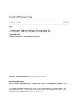 John Robert Osborn: Canada's Hong Kong VC