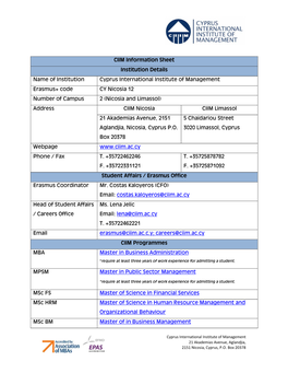 CIIM Information Sheet Institution Details Name of Institution Cyprus