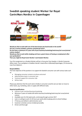 Swedish Speaking Student Worker for Royal Canin/Mars Nordics in Copenhagen