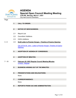 Special Open Council Meeting Meeting 3:00 PM - Monday, March 1, 2021 City Hall Council Chambers