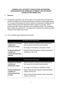 Camden Local Authority Consultation on Proposed Arrangements for Admission to Primary and Secondary Schools in September 2022