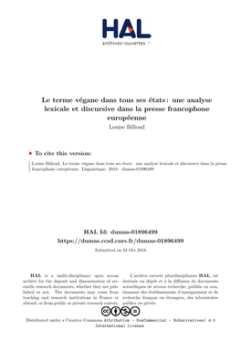 Le Terme Végane Dans Tous Ses États: Une Analyse Lexicale Et Discursive Dans La Presse Francophone Européenne