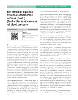 The Effects of Aqueous Extract of Cleistanthus Collinus