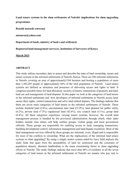 Land Tenure Systems in the Slum Settlements of Nairobi: Implications for Slum Upgrading Programmes