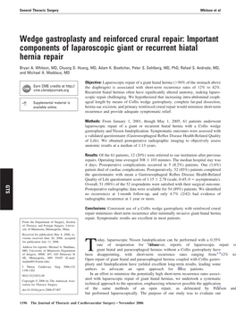 Wedge Gastroplasty and Reinforced Crural Repair: Important Components of Laparoscopic Giant Or Recurrent Hiatal Hernia Repair