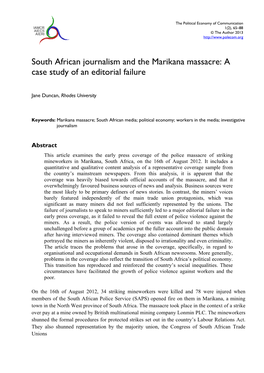 South African Journalism and the Marikana Massacre: a Case Study of an Editorial Failure