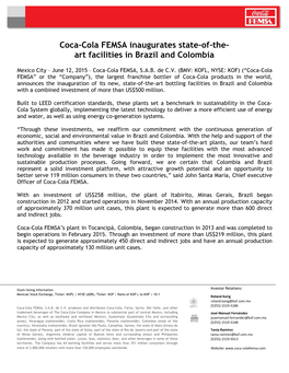 Coca-Cola FEMSA Inaugurates State-Of-The- Art Facilities in Brazil and Colombia