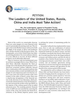 The Leaders of the United States, Russia, China and India Must Take Action!