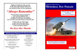 “Always Remember” Monday, May 27, 2019, at 9:30 A.M