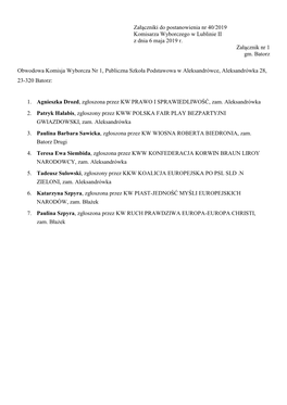 Załączniki Do Postanowienia Nr 40/2019 Komisarza Wyborczego W Lublinie II Z Dnia 6 Maja 2019 R. Załącznik Nr 1 Gm. Batorz Ob