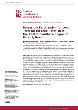 Potassium Fertilization for Long Term No-Till Crop Rotation in the Central-Southern Region of Paraná, Brazil