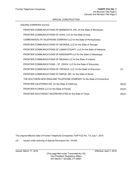 Frontier Telephone Companies TARIFF FCC NO. 7 3Rd Revised Title Page 5 Cancels 2Nd Revised Title Page 5