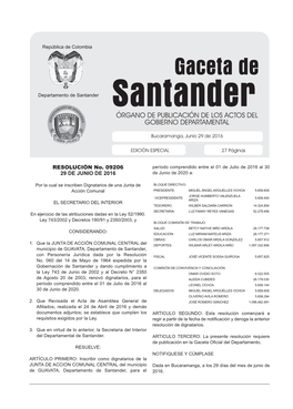 Gaceta De Departamento De Santander Santander ÓRGANO DE PUBLICACIÓN DE LOS ACTOS DEL GOBIERNO DEPARTAMENTAL