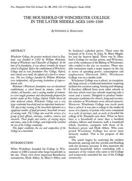 The Household of Winchester College in the Later Middle Ages 1400-1560