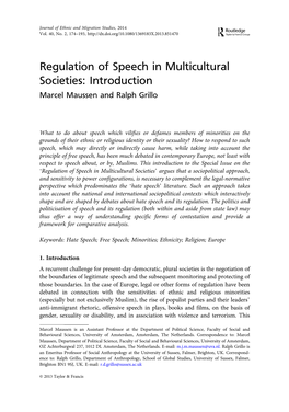 Regulation of Speech in Multicultural Societies: Introduction Marcel Maussen and Ralph Grillo