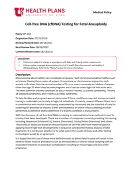 Cell-Free DNA (Cfdna) Testing for Fetal Aneuploidy