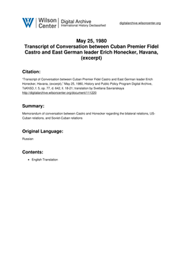 May 25, 1980 Transcript of Conversation Between Cuban Premier Fidel Castro and East German Leader Erich Honecker, Havana, (Excerpt)