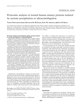 Proteomic Analysis of Normal Human Urinary Proteins Isolated by Acetone Precipitation Or Ultracentrifugation