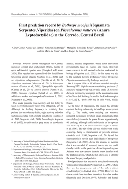 First Predation Record by Bothrops Moojeni (Squamata, Serpentes, Viperidae) on Physalaemus Nattereri (Anura, Leptodactylidae) in the Cerrado, Central Brazil