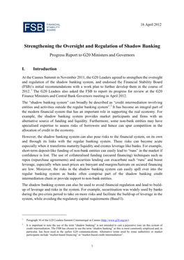 Strengthening the Oversight and Regulation of Shadow Banking Progress Report to G20 Ministers and Governors