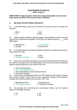 QUARTERMASTER SERVICE Rank: Corporal DIRECTIONS