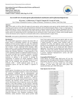 An Overall View of Cassia Species Phytochemical Constituents and Its Pharmacological Uses