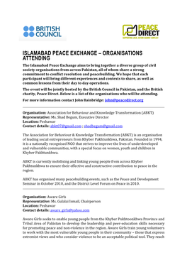 Islamabad Peace Exchange – Organisations Attending