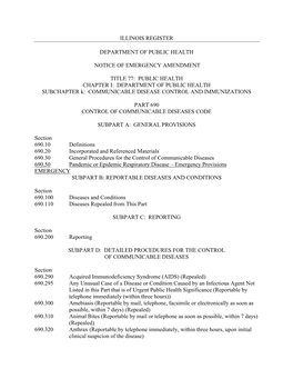 Illinois Register Department of Public Health Notice of Emergency Amendment Title 77: Public Health Chapter I: Department of P