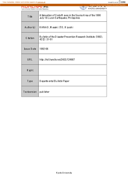 Title Attenuation of Coda Waves in the Source Area of the 1990 July 16 Luzon Earthquake, Philippines Author(S)