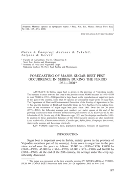 Forecasting of Major Sugar Beet Pest Occurrence in Serbia During the Period 1961—2004*