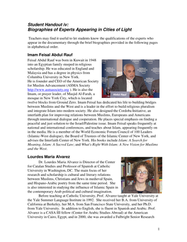 Student Handout Iv: Biographies of Experts Appearing in Cities of Light