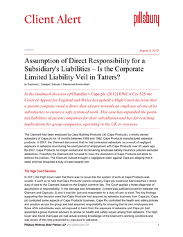 Assumption of Direct Responsibility for a Subsidiary's Liabilities – Is the Corporate Limited Liability Veil in Tatters? by Raymond L