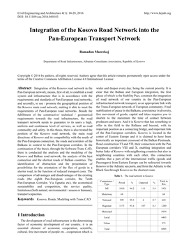 Integration of the Kosovo Road Network Into the Pan-European Transport Network