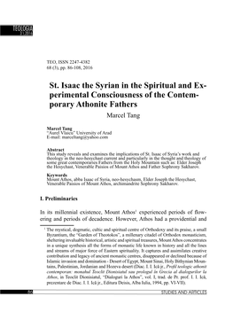 St. Isaac the Syrian in the Spiritual and Ex- Perimental Consciousness of the Contem- Porary Athonite Fathers Marcel Tang