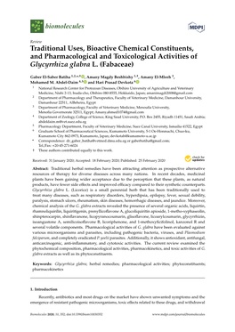 Traditional Uses, Bioactive Chemical Constituents, and Pharmacological and Toxicological Activities of Glycyrrhiza Glabra L. (Fabaceae)