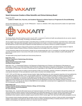 Vaxart Announces Creation of New Scientific and Clinical Advisory Board