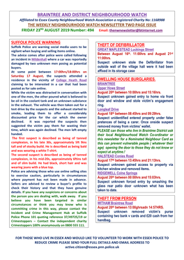 NEWSLETTER TWO PAGE ISSUE FRIDAY 23RD AUGUST 2019 Number: 494 Email: Thenwnewsletter@Btinternet.Com